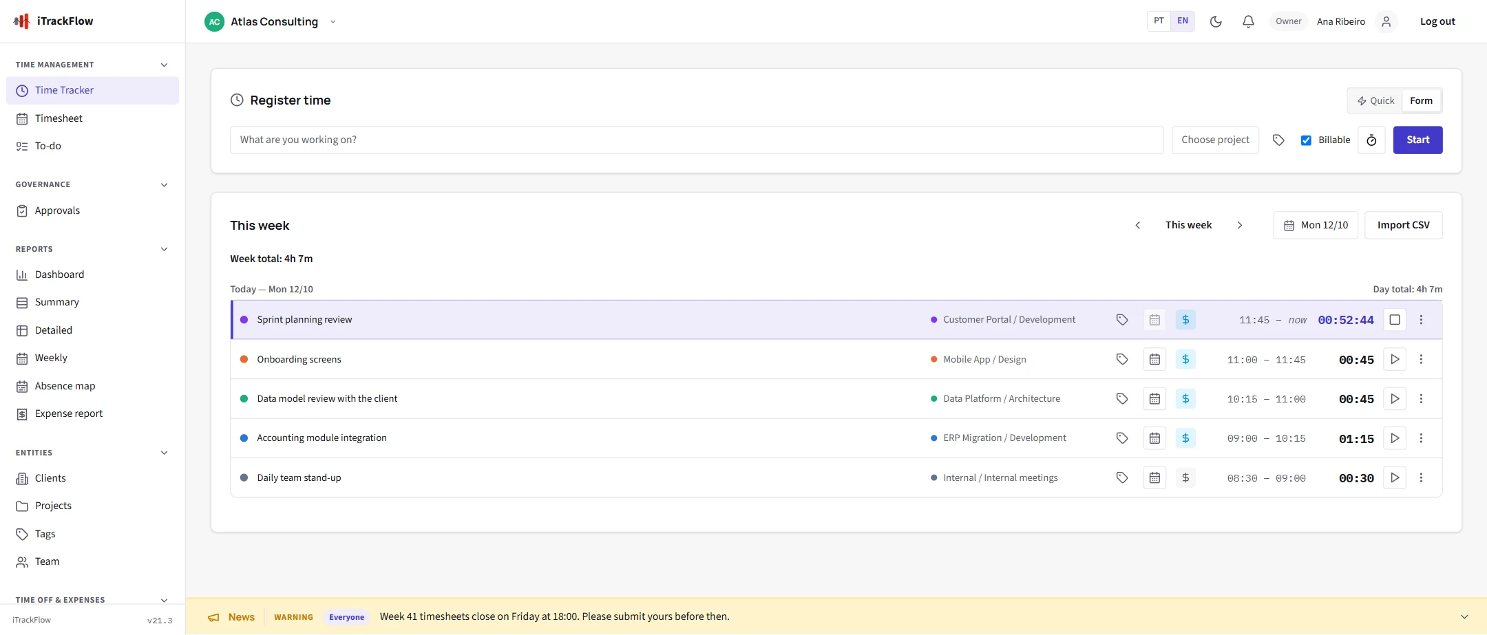 The Time Tracker: today's entries with project, task, time range and duration, and a team notice in the news bar