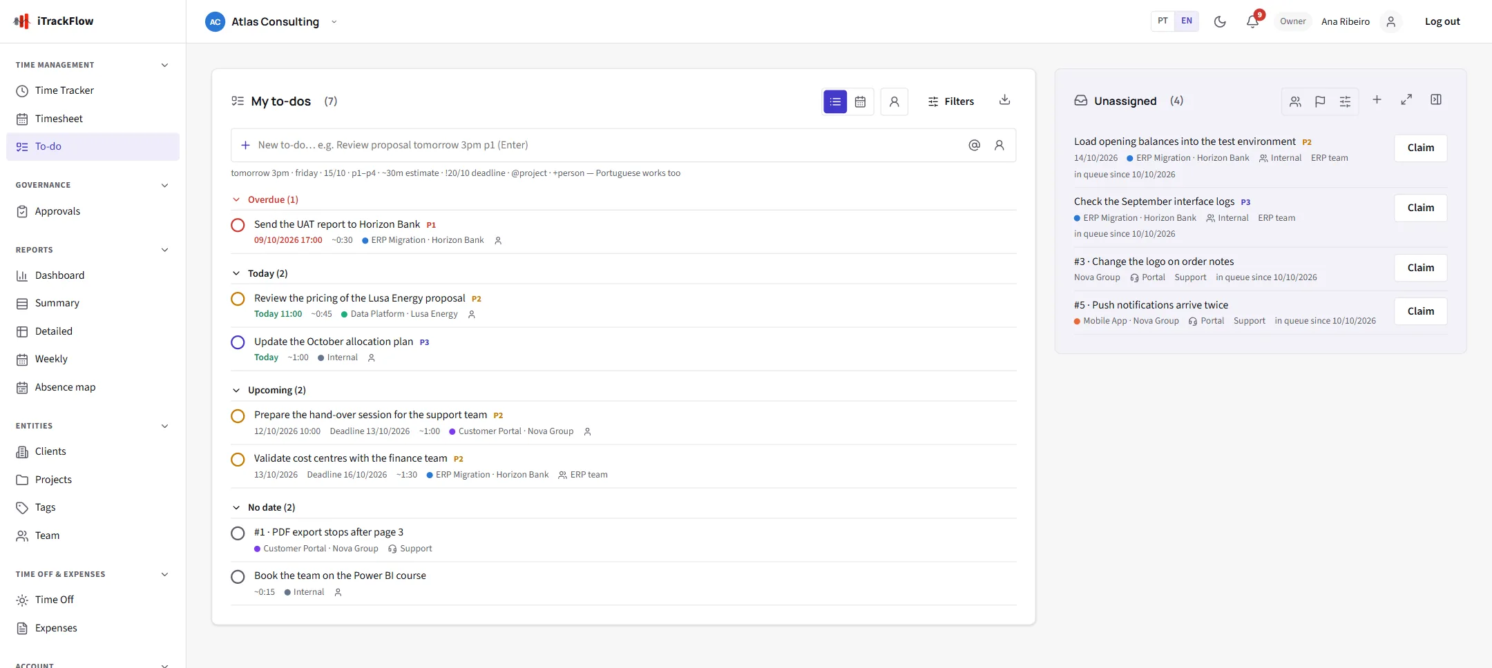 The to-do screen with my to-dos by date and the group queue